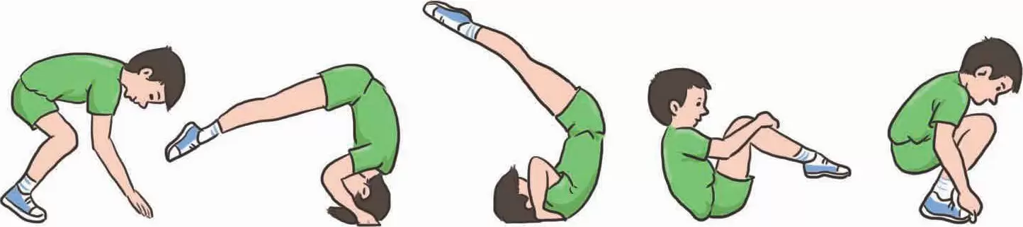 常见的前庭觉训练活动：蹦蹦床上跳跃、前滚翻动作示意图插图-西米麦田